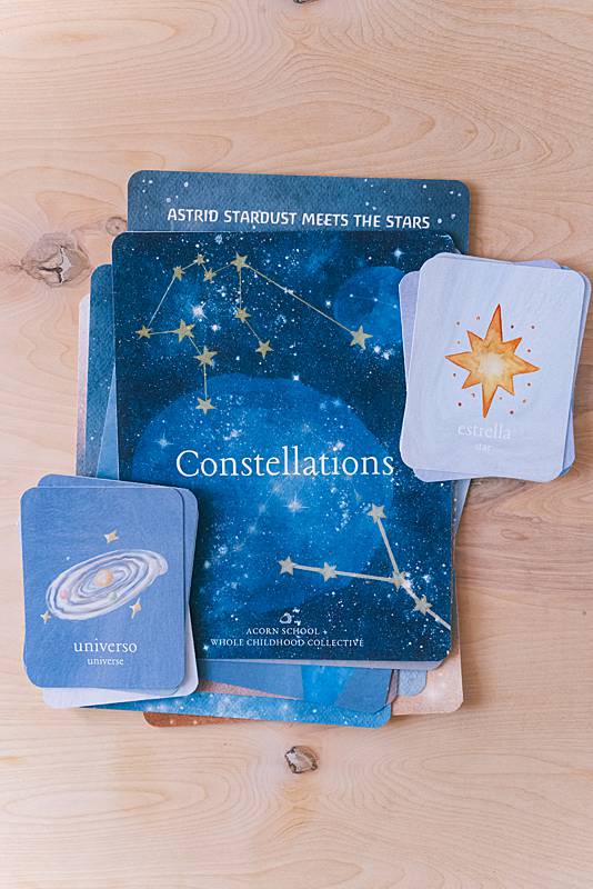 The cover page and bilingual vocabulary cards from Acorn School's Constellations Curriculum.