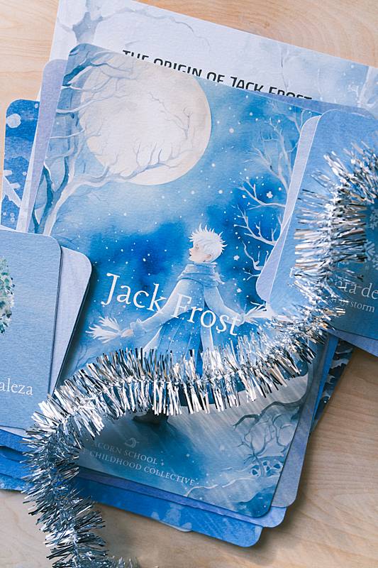 The cover page and bilingual vocabulary cards from Acorn School's Jack Frost Curriculum.