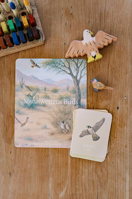 Image of a card on a table with toy birds.