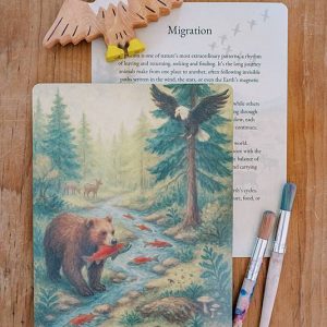 Cards with bear illustration and pens on a table
